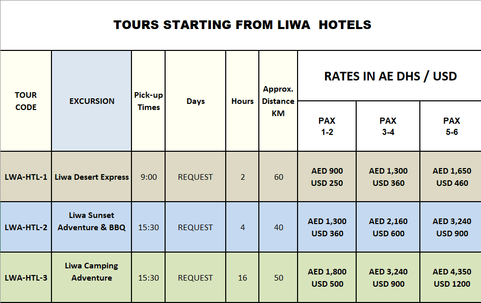 Pricing table for Liwa Hotels excursions: tour codes, names, pickup times, durations, distances, and group rates in AED/USD.