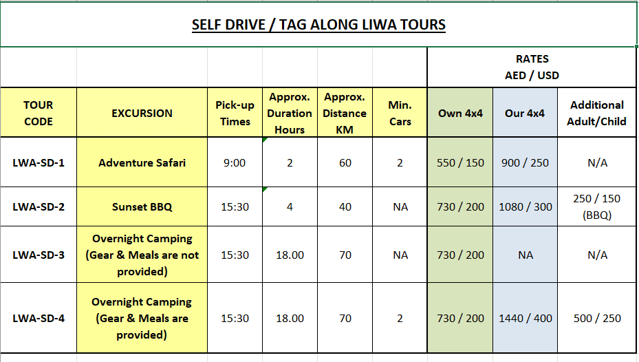 JPG Liwa Tag_Along_Regular - Rub Alkhali Desert Tourism L.L.C Table of Liwa self-drive tours with codes, excursions, pickup times, durations, distances, minimum cars, and 4x4 rates.